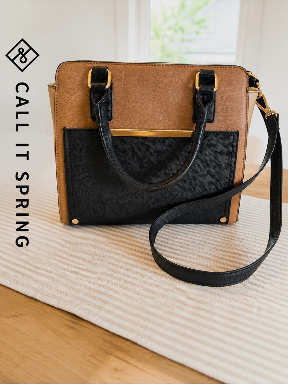 👜Structured Three-Tone Handbag  - Black, Cream & Caramel Brown